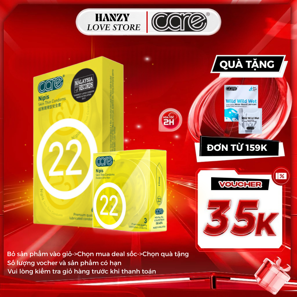 Bao Cao Su Siêu Mỏng CARE 22 Trơn, Nhiều Gel Bôi Trơn, Ôm Sát Chân Thực bcs chính hãng