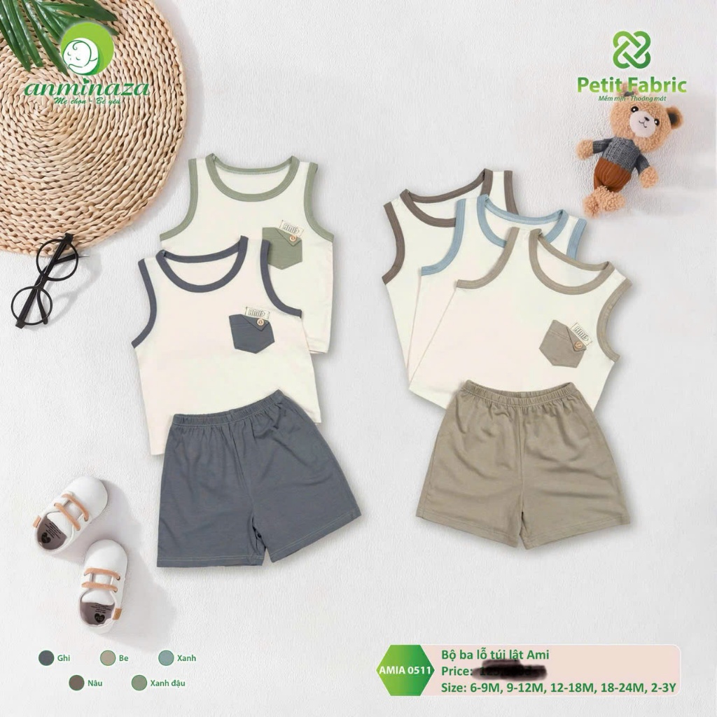 [Anminaza] Bộ ba lỗ cho bé size 6 tháng đến 3 tuổi hãng Anminaza
