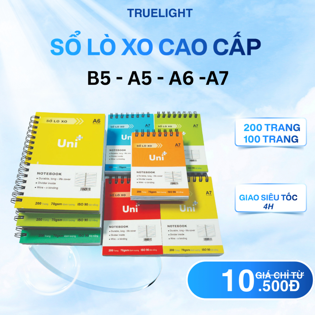 Sổ Lò Xo Văn Phòng Cao Cấp Uni PLus Kích Thước A4 B5 A5 A6 A7 - 200 Trang/100 Trang