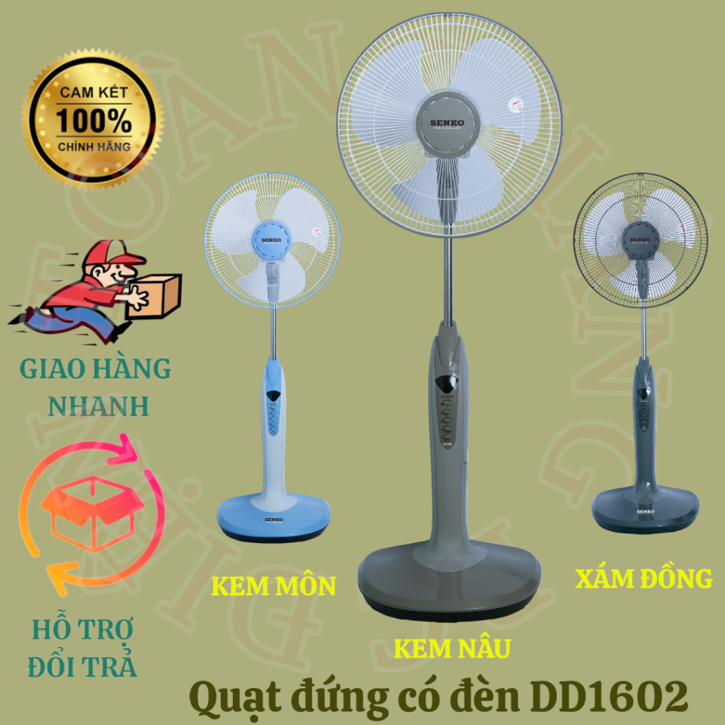 Quạt đứng có đèn, quạt cây SENKO DD1602 thân cao, 3 tốc độ gió mạnh, chất liệu nhựa cao cấp motor đồ