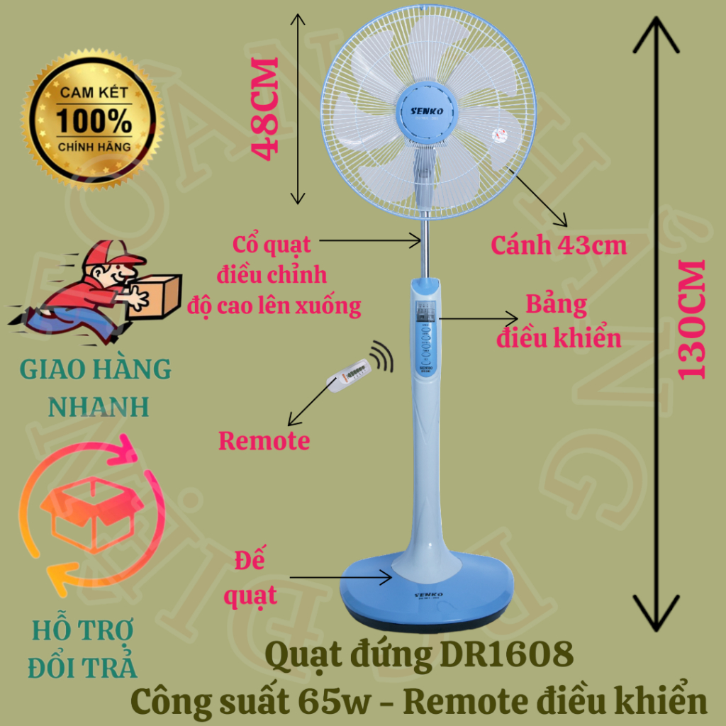 QUẠT ĐỨNG SENKO THIẾT KẾ SANG TRỌNG, REMOTE ĐIỀU KHIỂN HẸN GIỜ, CÔNG SUẤT 65w, MODEL DR1608 GIAO NHA