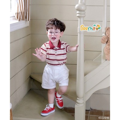 Set polo cộc tay Beemo kẻ ngang vải thun mềm mại cho bé đi học, đi chơi 9-24kg 6022SHB