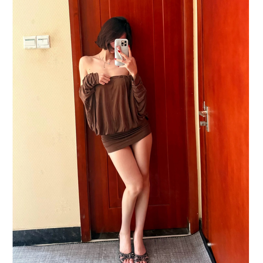 Đầm Trễ Vai Bánh Bèo HAMYFASHION,Đầm Nữ Màu Nâu Chất Liệu Mềm Mát Sang Chảnh D214