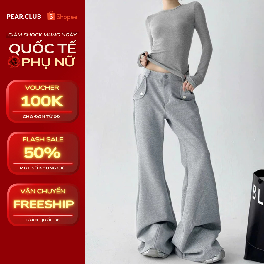 Quần loe ống rộng PEAR.CLUB, quần ống loe cài cúc BIGSIZE cá tính, mặc thu đông, đi chơi màu ghi đen