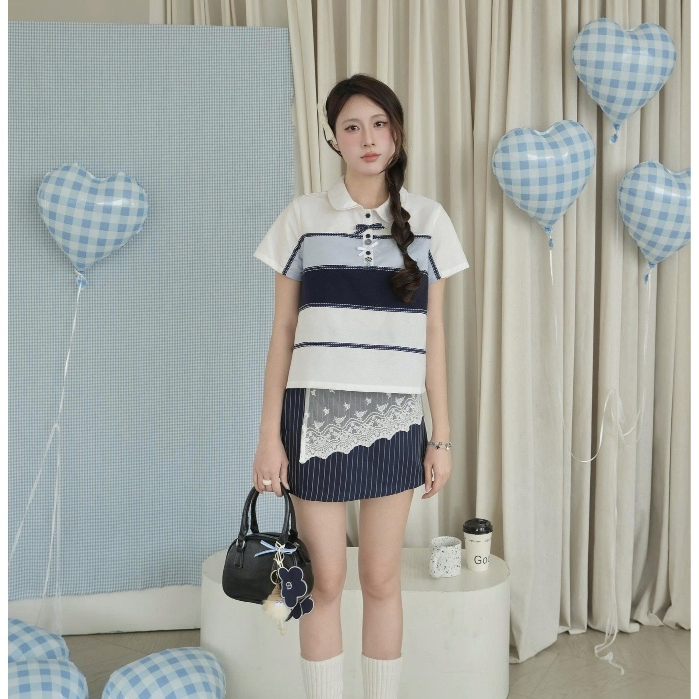 Áo Trắng Thân Phối ODS - JA11 thiết kế cổ sen, xẻ nẹp đính nút, tay ngắn trẻ trung cá tính