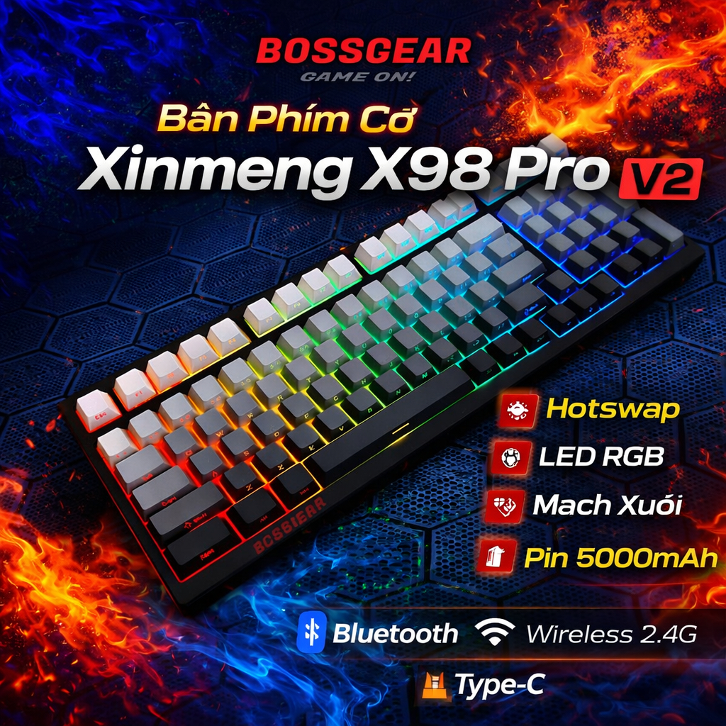 Bàn phím cơ Xinmeng X98 Pro V2 – Thiết Kế 98 Phím, LED RGB, Kết Nối Linh Hoạt