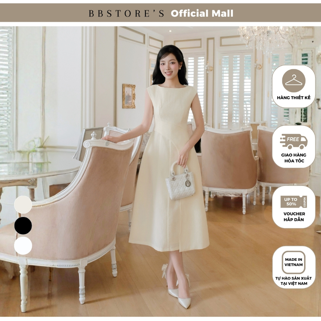 [BBSTORE'S] Đầm Xòe Tiệc Cotton Dài Xốp Dập Cổ Thuyền Tay Con Tà Đắp Xéo - DAB02A