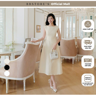 BBSTORE'S Đầm Xòe Tiệc Cotton Dài Xốp Dập Cổ Thuyền Tay Con Tà Đắp Xéo - DAB02A