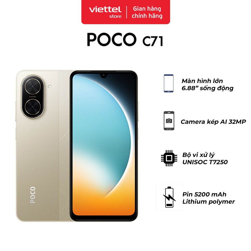 Điện thoại XIAOMI POCO C71 3GB 64GB | Bộ Vi Xử Lý Tám Nhân Mạnh Mẽ | Màn Hình 6.88” Sống Động | Camera Kép AI 32MP | BigBuy360 - bigbuy360.vn