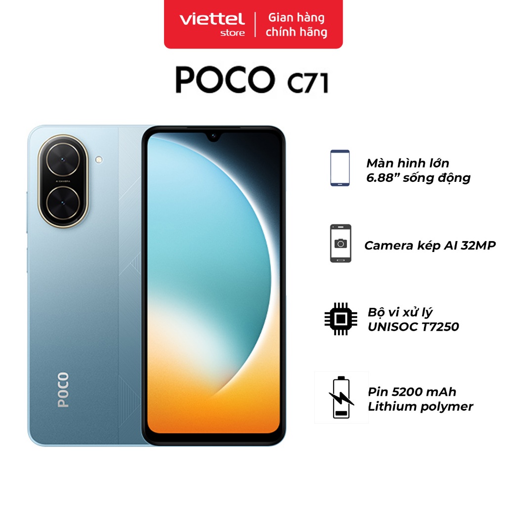 Điện thoại XIAOMI POCO C71 3GB 64GB | Bộ Vi Xử Lý Tám Nhân Mạnh Mẽ | Màn Hình 6.88” Sống Động | Camera Kép AI 32MP