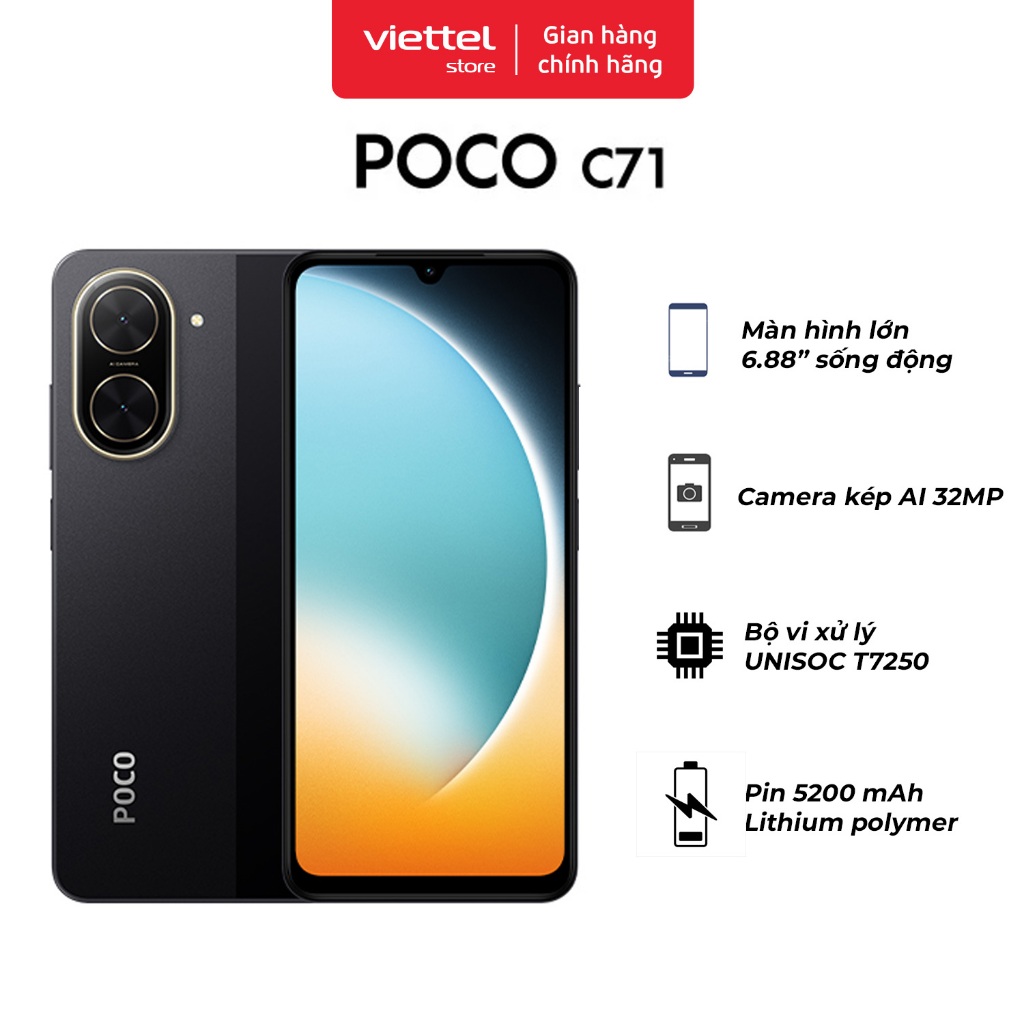Điện thoại XIAOMI POCO C71 3GB 64GB | Bộ Vi Xử Lý Tám Nhân Mạnh Mẽ | Màn Hình 6.88” Sống Động | Camera Kép AI 32MP | BigBuy360 - bigbuy360.vn