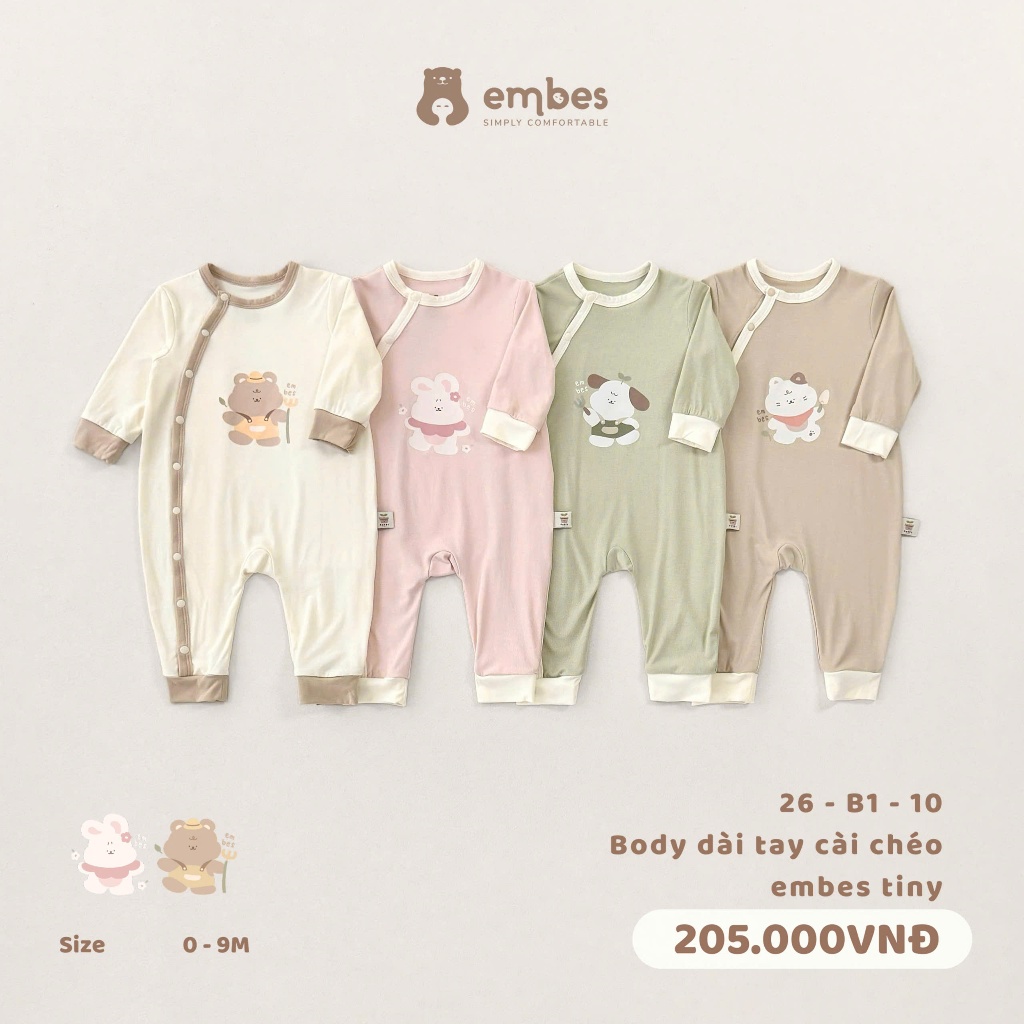 Body Sơ Sinh Embes, Body Dài Tay Cài Chéo In Hình Chất Cotton Mềm Mịn Cho Bé Sơ Sinh Từ 0-9 Tháng