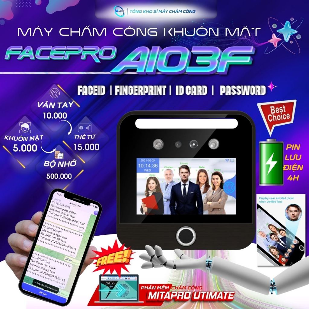Máy chấm công khuôn mặt AI03F (Có pin lưu điện) => xem giờ nhanh qua app/ web/ phần mềm mitapro mới 