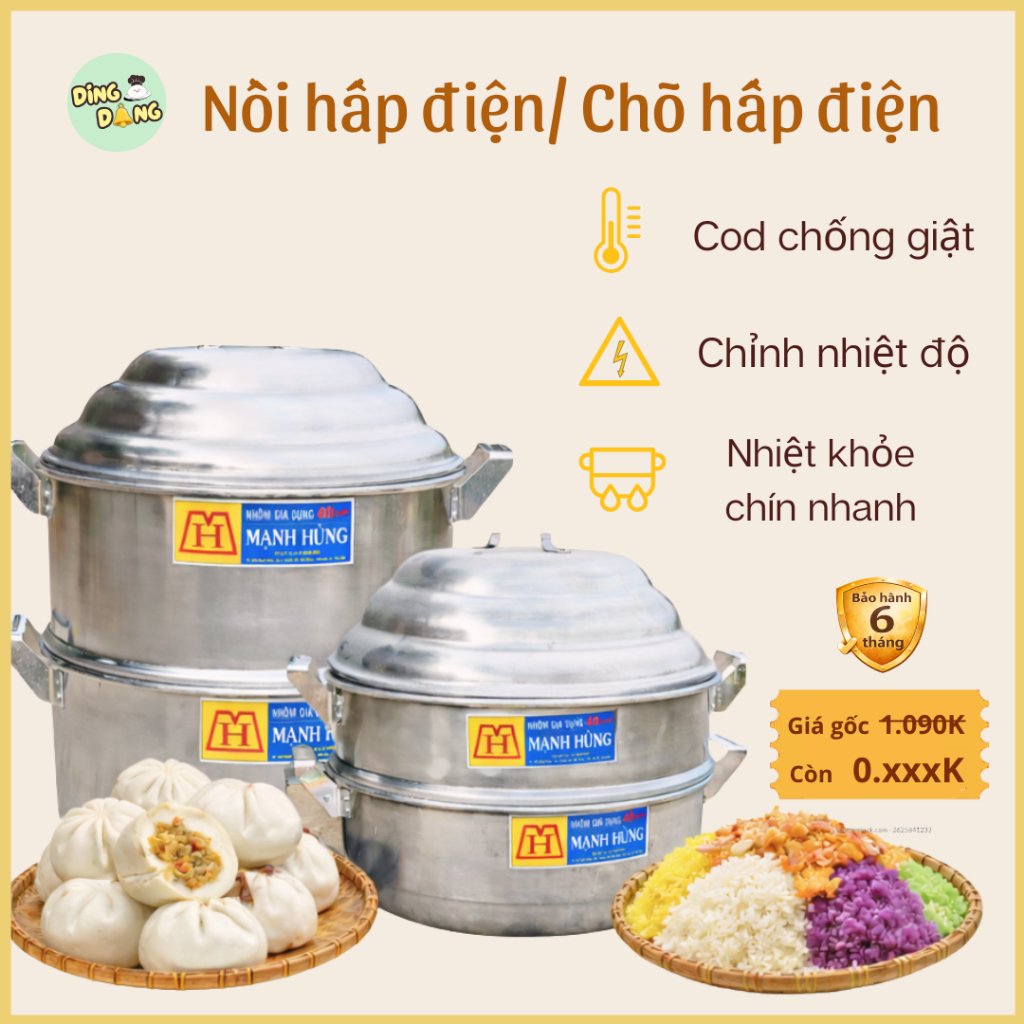 Nồi hấp điện 2 tầng Mạnh Hùng – Chõ hấp xôi, bánh – Dùng với hũ flan nhựa, khuôn silicon bánh da lợn