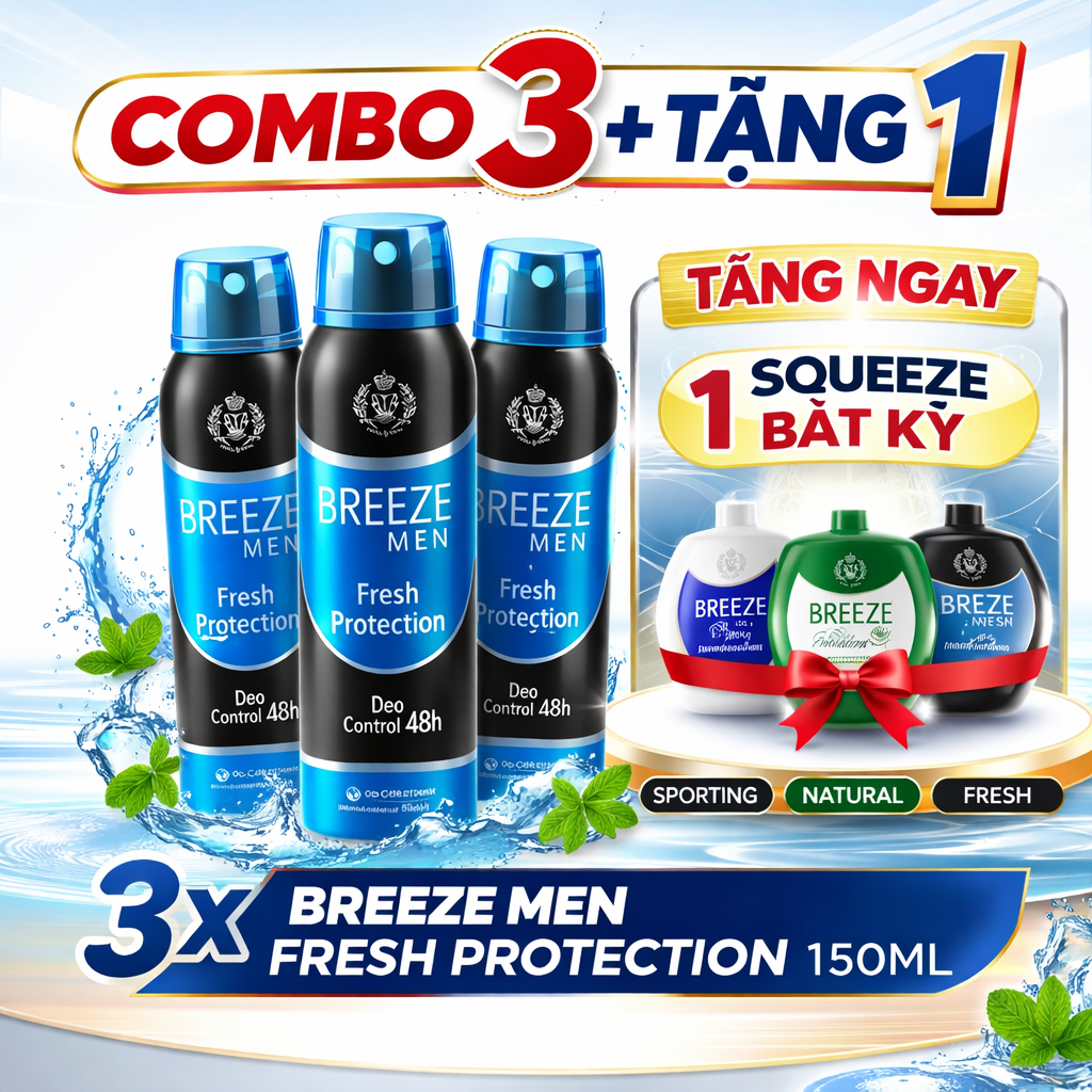 Combo 3 Xịt Khử Mùi Nam Hương Nước Hoa Breeze Men Fresh Protection 150ml + Tặng 1 Breeze Squeeze