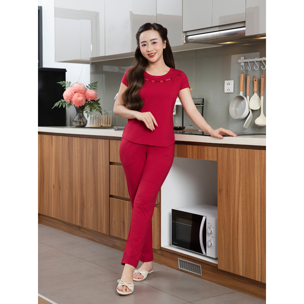 Bộ mặc nhà WINNY dòng Wonner cotton CVC, Set đồ nữ thun co giãn xuân hè quần dài tay cộc dáng ôm 2MN