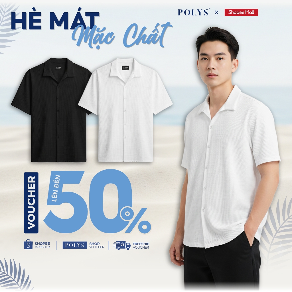 SALE HÈ Áo Sơ Mi Nam Trắng Đen POLYS Chất Square Silk Co Giãn 2 Chiều, Sơ Mi VELVET