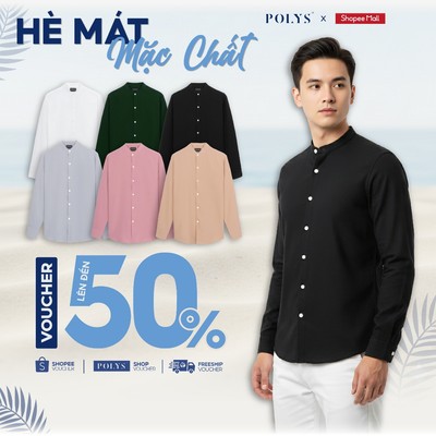 SALE HÈ Áo sơ mi cổ tàu tay dài POLYS Vải Ford mềm mịn. Áo sơ mi cổ trụ tròn BAND COLLAR