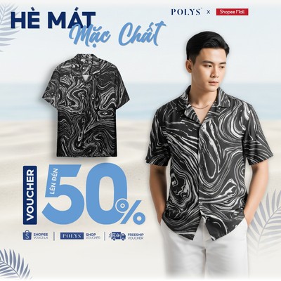 SALE HÈ Áo sơ mi nam POLYS chính hãng Lụa mịn mát, không nhăn, co giãn 4 chiều họa tiết BLACK MARBLE