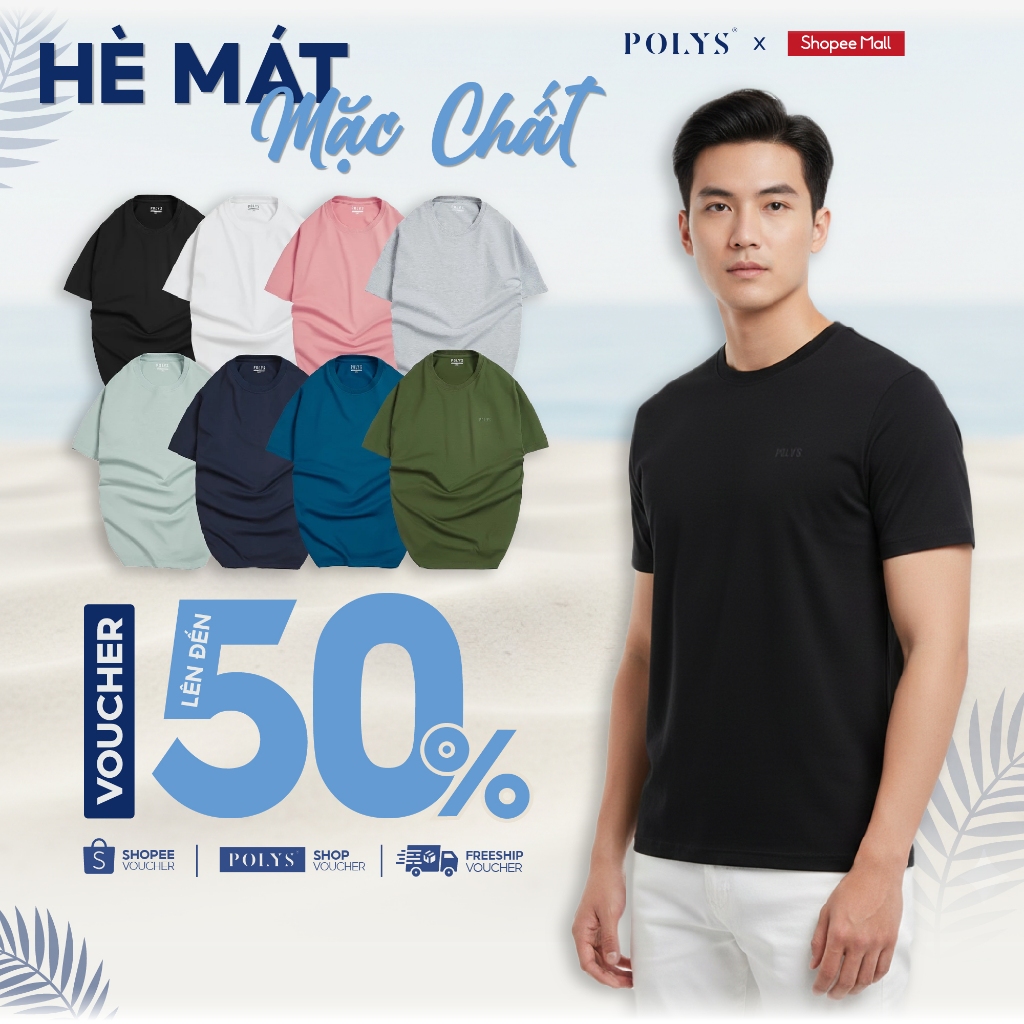 SALE HÈ Áo Thun Nam POLYS Cổ Tròn Chất Cotton Co Giãn 4 Chiều Ít Nhăn Thấm Hút Tốt T-Shirt