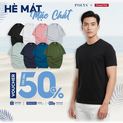 SALE HÈ Áo Thun Nam POLYS Cổ Tròn Chất Cotton Co Giãn 4 Chiều Ít Nhăn Thấm Hút Tốt T-Shirt