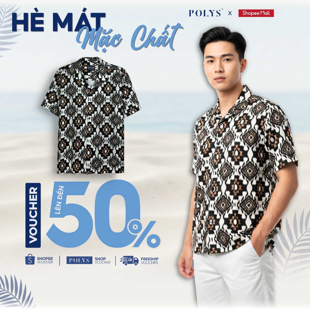 SALE HÈ Áo Sơ Mi Họa Tiết Ngắn Tay Nam POLYS, Lụa Mango Không Nhăn, Mềm Mịn Thấm Hút Tốt, Co Giãn 4 