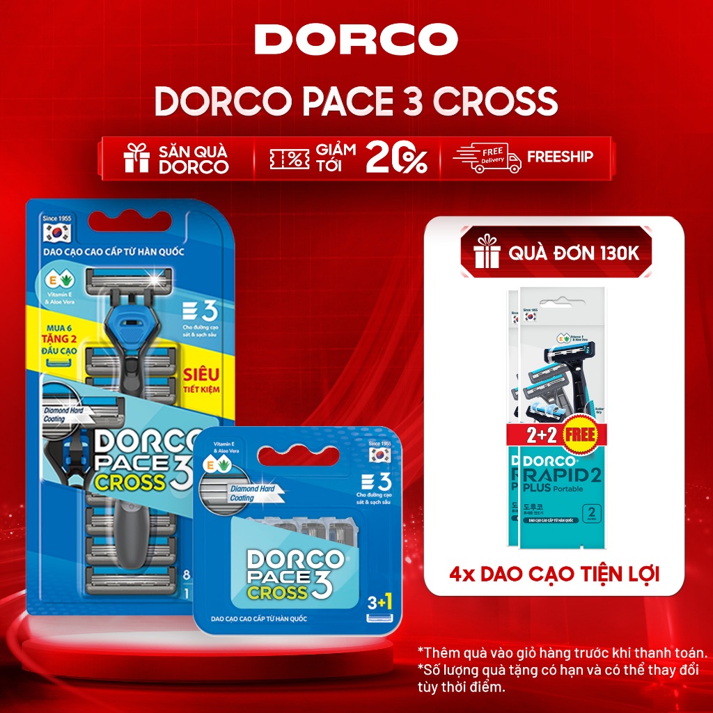 Combo Dao Cạo Râu Hàn Quốc 3 Lưỡi DORCO PACE 3 CROSS - TRC1008(6+2)-B & (PRM)TRC1040(3+1)-B - Gồm 1 