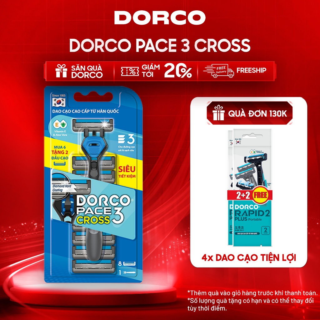 Dao Cạo Râu Hàn Quốc 3 Lưỡi DORCO PACE 3 CROSS - TRC1008(6+2)-B - Hộp 1 Cán và 8 Đầu Cạo