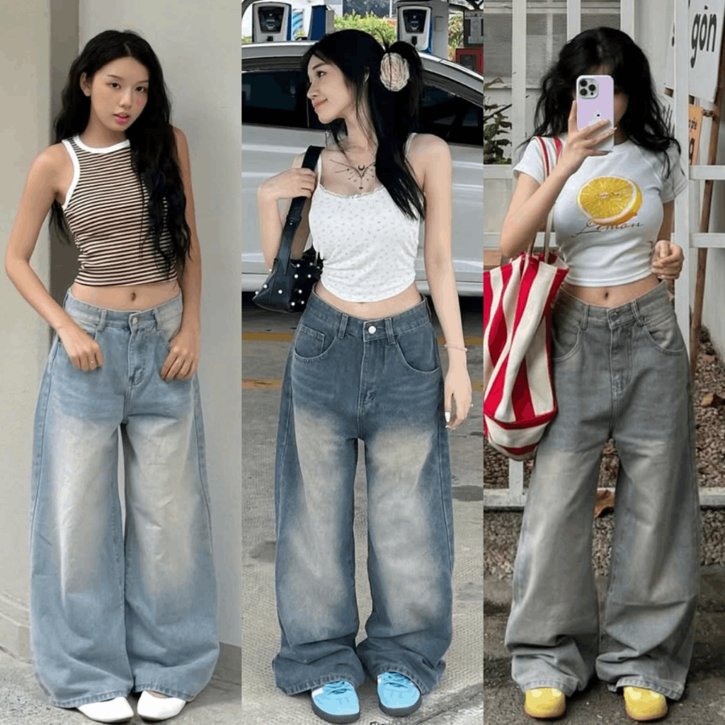 Quần Jean Nữ Suông Xanh Xám Ống Rộng 28CM Wash Retro Quần Jean Unisex Bigsize Lưng Cao Ôm Eo Tôn Dáng