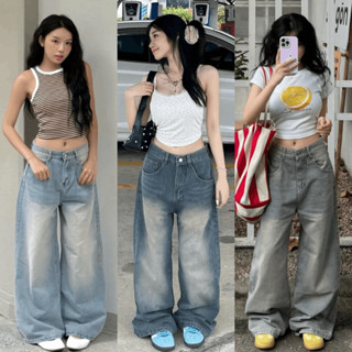Quần Jean Nữ Suông Xanh Xám Ống Rộng 28CM Wash Retro Quần Jean Unisex Bigsize Lưng Cao Ôm Eo Tôn Dáng
