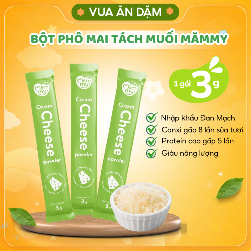 Bột Phô mai tách muối Mămmy béo ngậy, thơm ngon, giàu canxi cho bé ăn dặm 6m (1 gói nhỏ 3g)