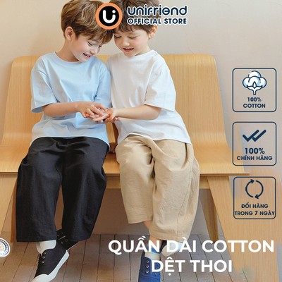 Quần dài vải cotton dệt thoi mỏng nhẹ và thoáng khí dài đến mắt cá chân Unifriend Hàn Quốc U950R, Size 2-12 tuổi