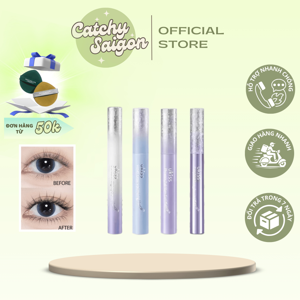 [UKISS] Mascara/Chuốt Mi Ukiss Vỏ Gợn Sóng Hologram Loại 4 Đầu Chải, Kháng Nước, Hỗ Trợ Làm Dài Mi, 