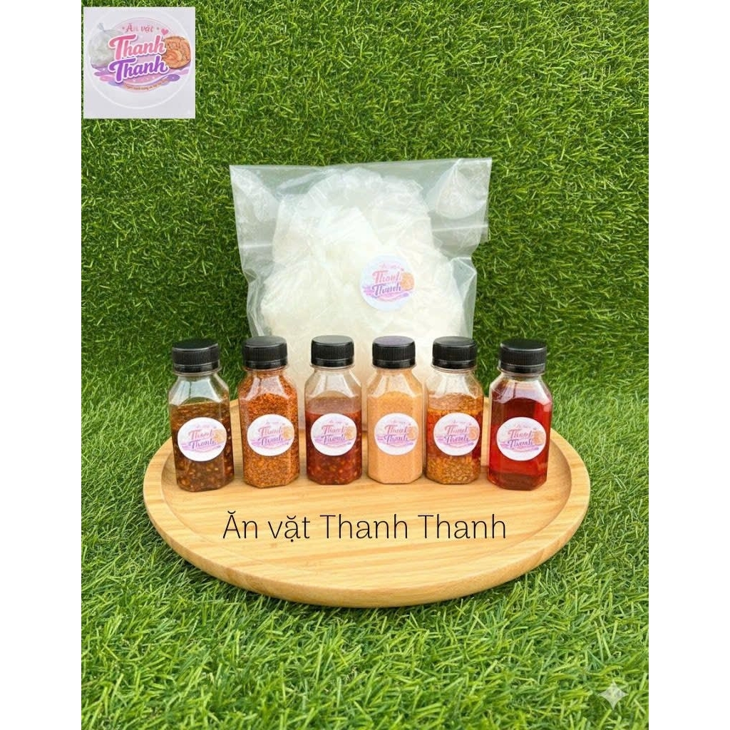 Combo 500g bánh tráng rìa phơi sương +100g muối sặc +100g sa tế +100g tỏi phi +100g  muối bò +100g ớ