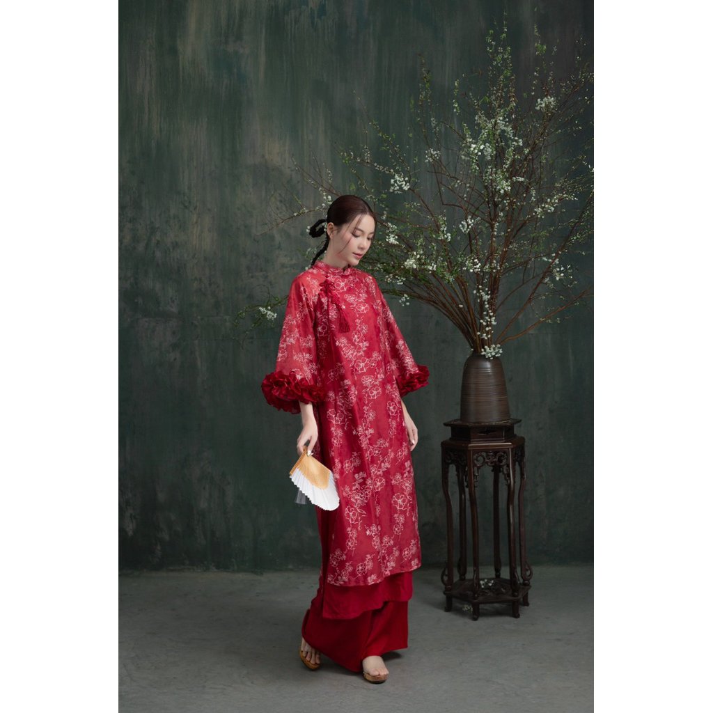 LUNALE -Áo Đài Tiên Đan / Áo dài tiên đan hoa đỏ bèo tay.