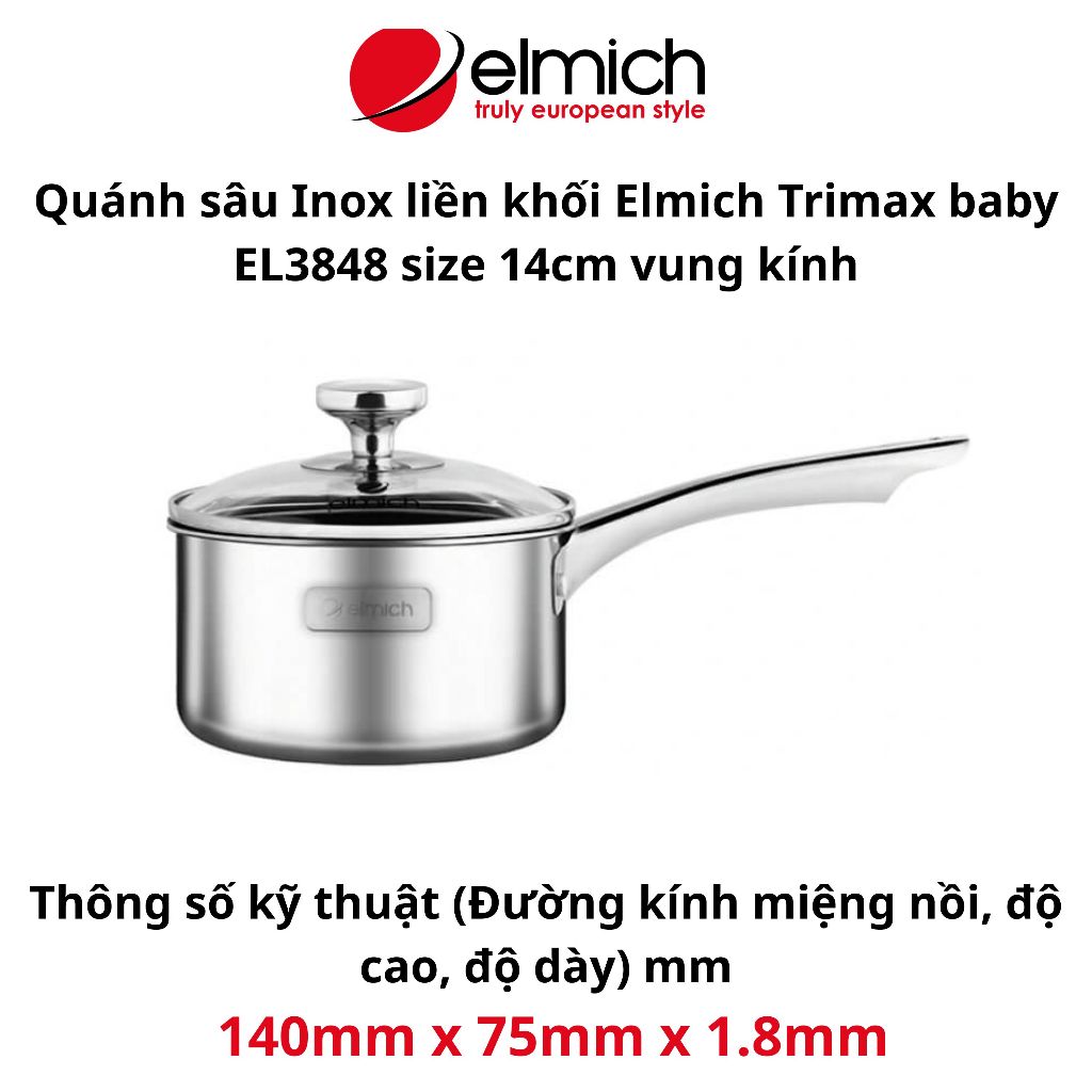 Quánh bột Elmich 14cm EL3848, El2510AP ba lớp liền khối lòng nồi inox304 an toàn tuyệt đối, quánh cạ
