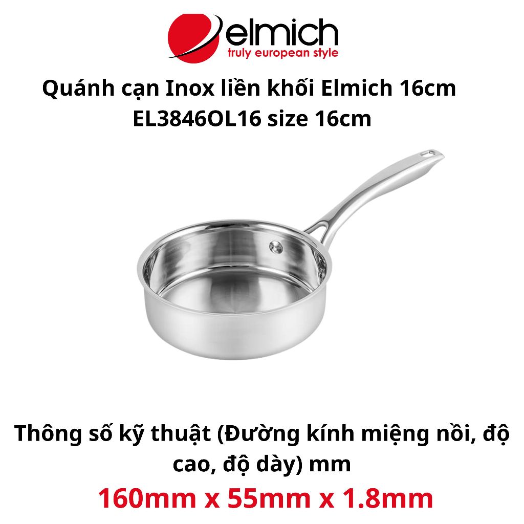 Quánh Baby Elmich inox 304 Quánh 3 lớp liền khối EL3848 size 14cm nấu được các loại bếp và bếp từ