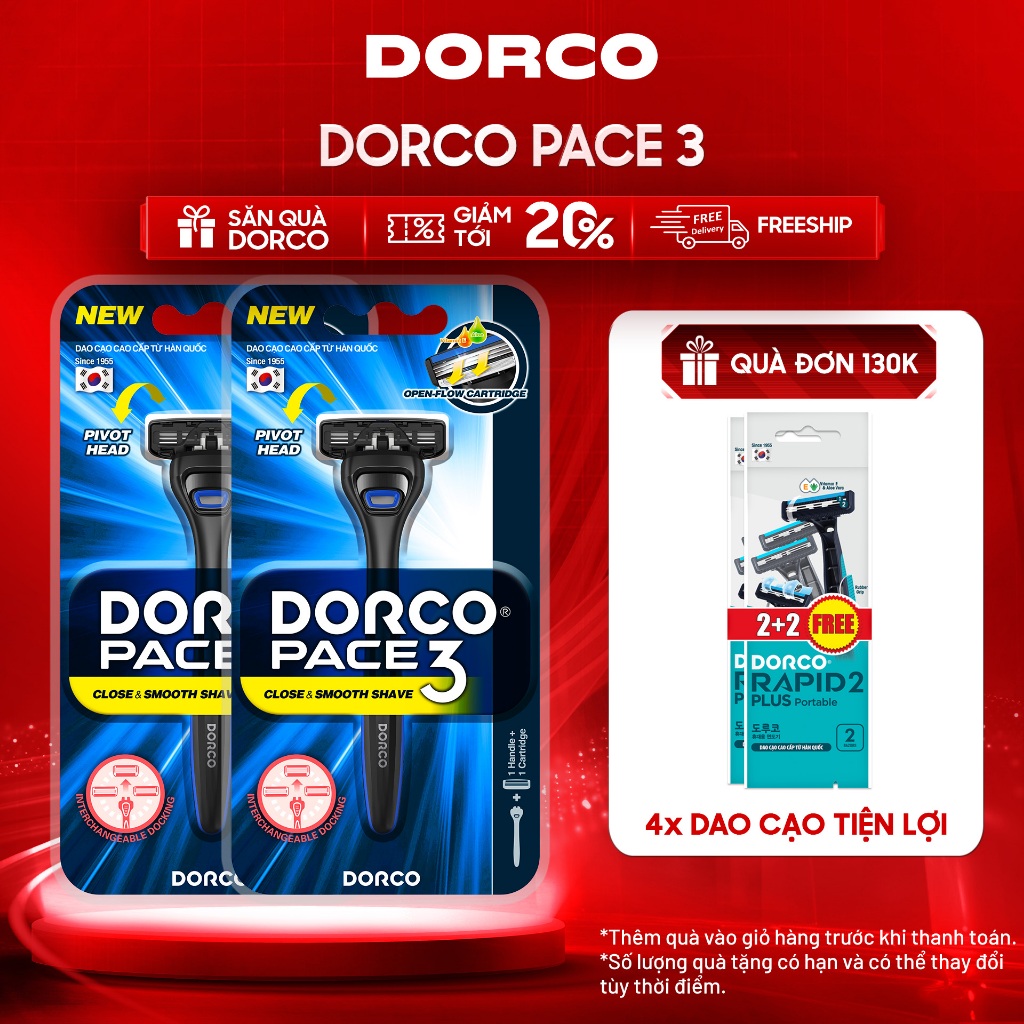 Combo Dao Cạo Râu Hàn Quốc 3 Lưỡi DORCO PACE 3 - 2xTRA4001-B - Gồm 2 Cán và 2 Đầu Cạo