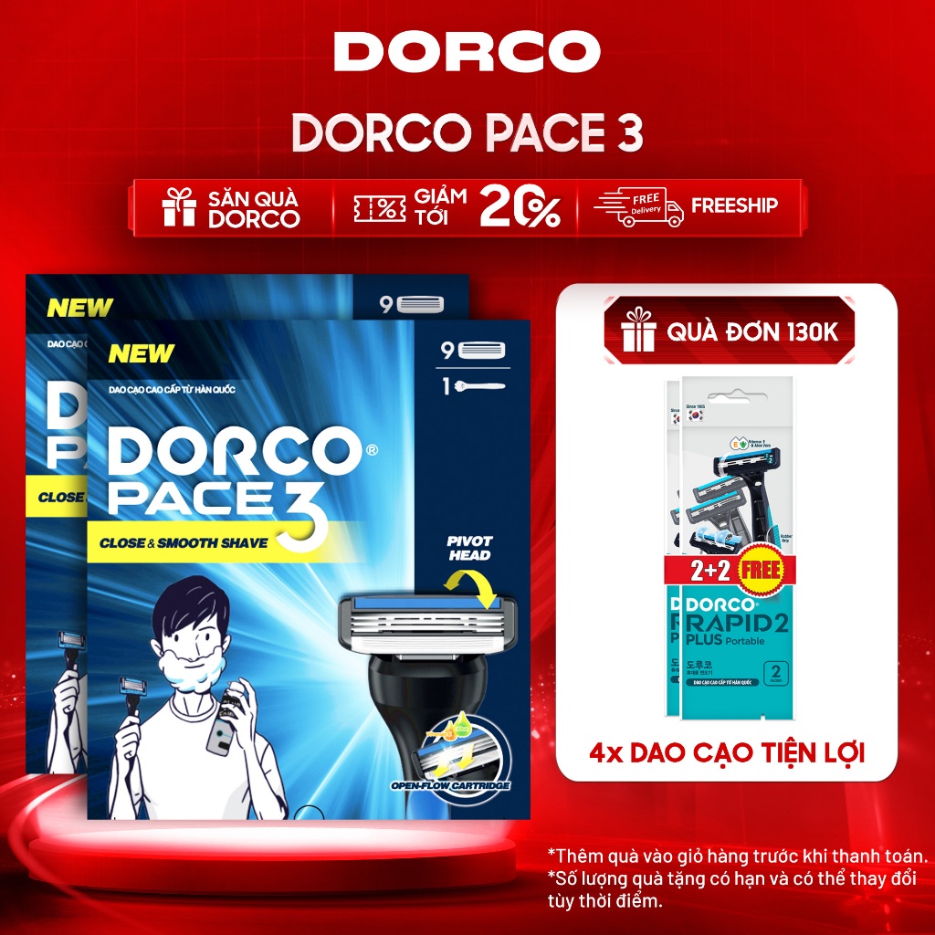 Combo 2 Hộp Dao Cạo Râu Hàn Quốc 3 Lưỡi DORCO PACE 3 - 2x(GIFT)TRA4009 - Gồm 2 Cán + 18 Đầu Cạo