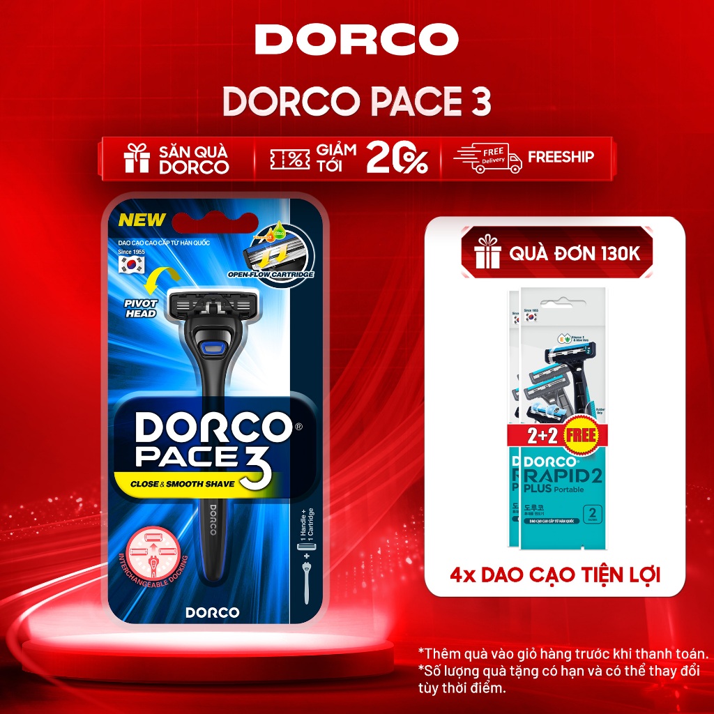 Dao Cạo Râu Hàn Quốc 3 Lưỡi DORCO PACE 3 - Hộp 1 Cán Dao và 1 Đầu Cạo/Hộp 4 Đầu Cạo