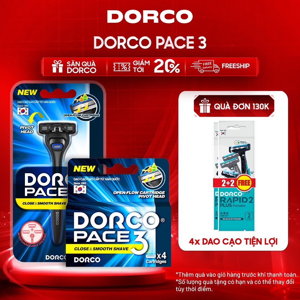 Combo Dao Cạo Râu Hàn Quốc 3 Lưỡi DORCO PACE 3 - TRA4001-B & TRA4040-PP - Gồm 1 Cán và 5 Đầu Cạo
