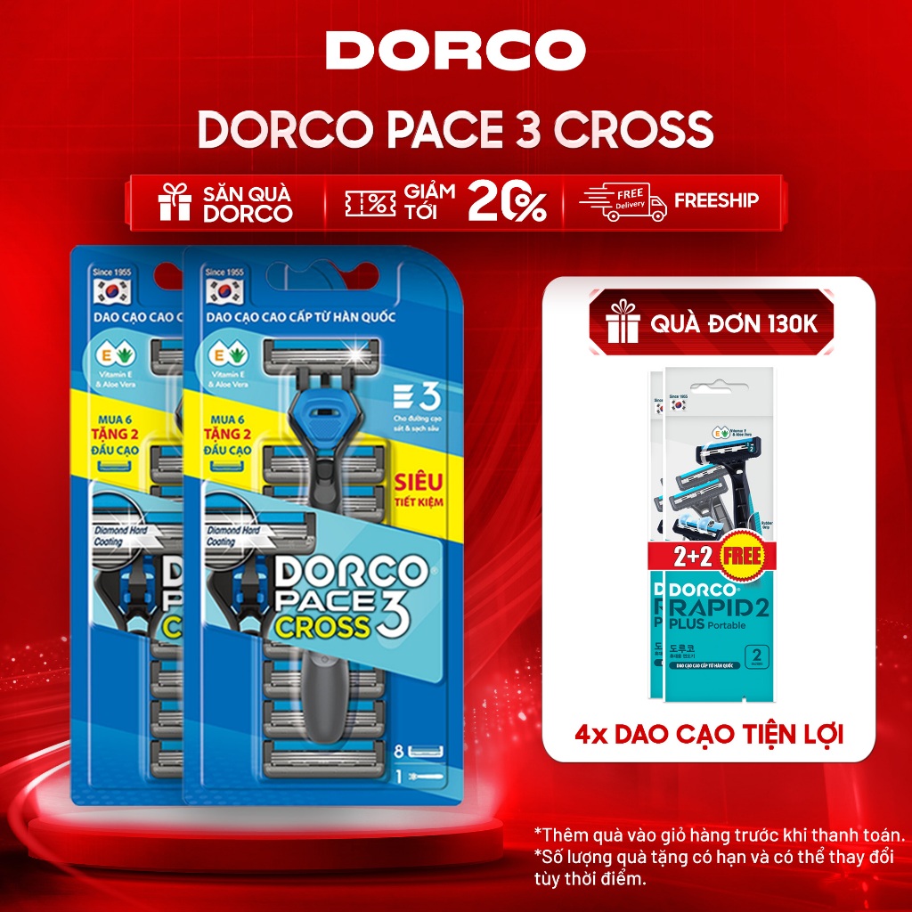 Combo 2 Dao Cạo Râu Hàn Quốc 3 Lưỡi DORCO PACE 3 CROSS - 2xTRC1008(6+2)-B - Gồm 2 Cán và 16 Đầu Cạo