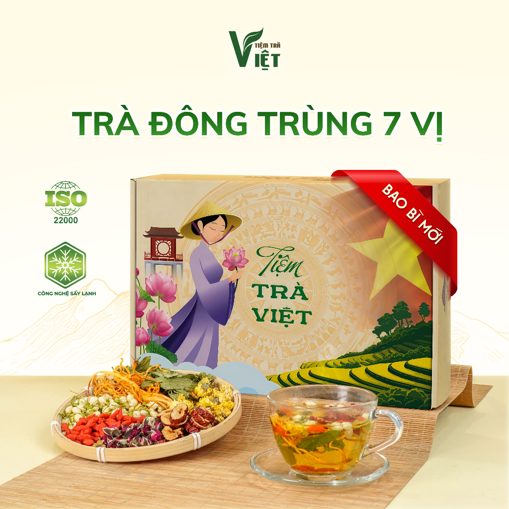 (Hộp 40 Gói) Trà Đông Trùng 7 Vị Thảo Mộc Đẹp Da, Thanh Mát, Dễ Uống - Tiệm Trà Việt