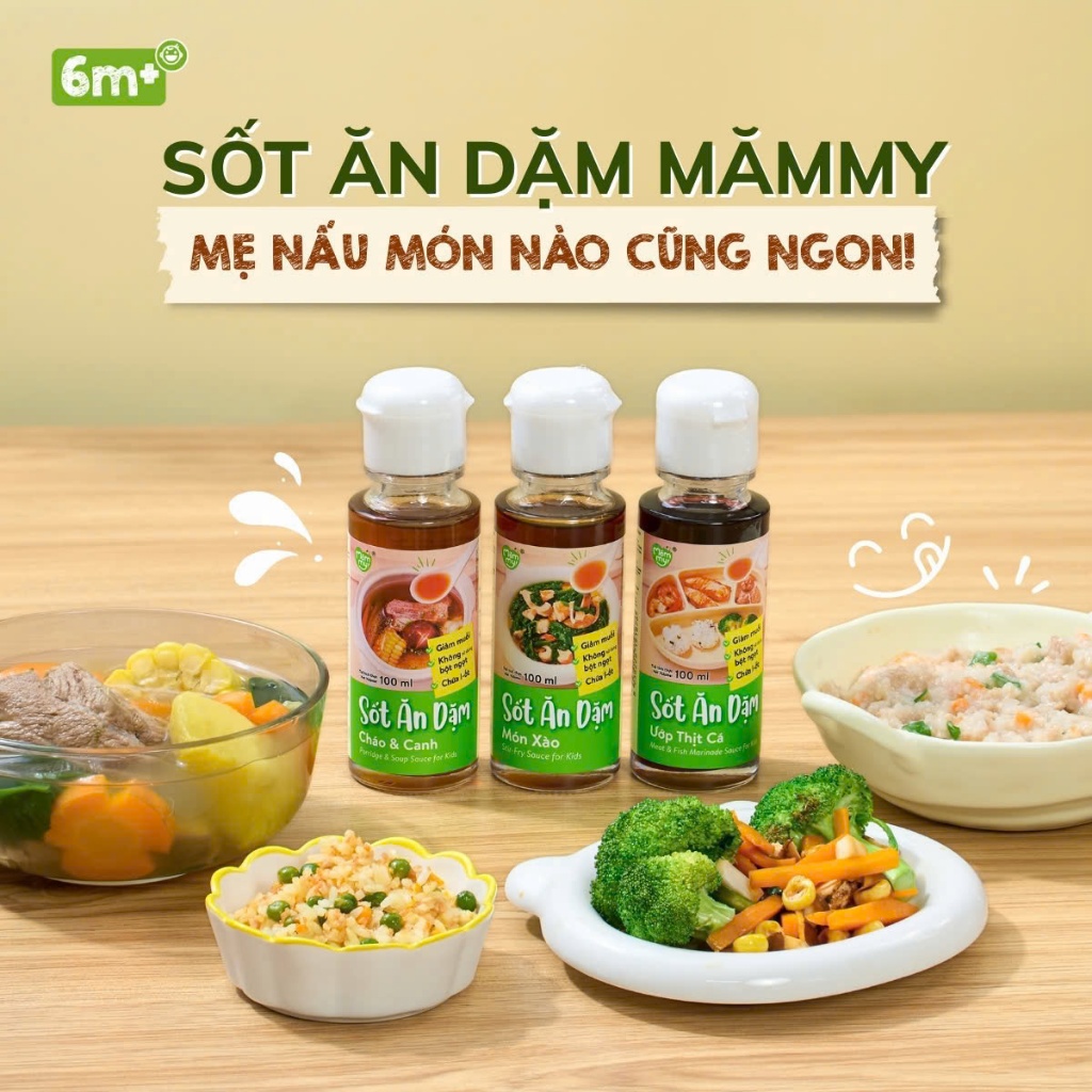 Gia Vị Dặm Mămmy Nước Sốt Nấu Cháo, Xào, Ướp Thịt Cá Giảm Muối Cho Bé 6 tháng, chai 100ML