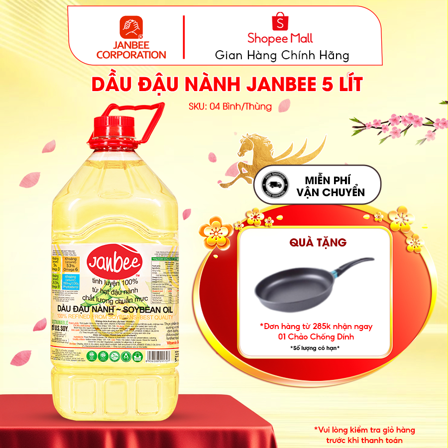 Dầu Đậu Nành Janbee 5 Lít – Nguyên Chất 100%, Không Trans Fat, Tốt Cho Tim Mạch