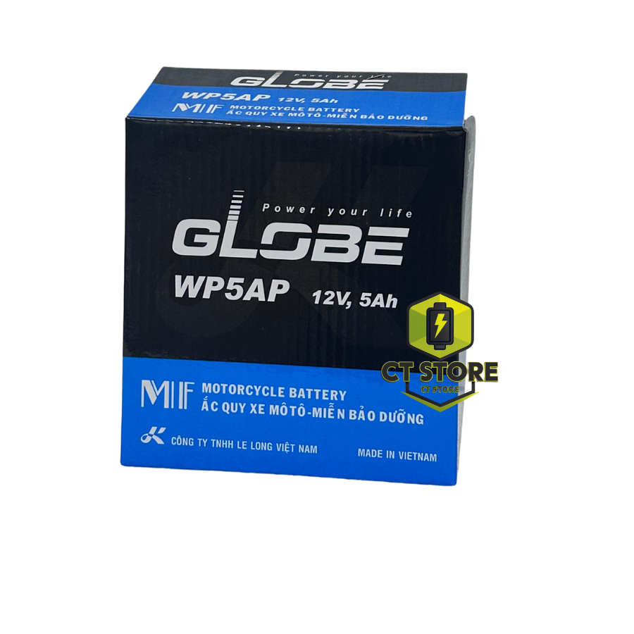 Bình ắc quy xe máy Globe WP5AP chính hãng dùng cho xe máy Dream, Jupiter cũ, Taurus, Sirius cơ