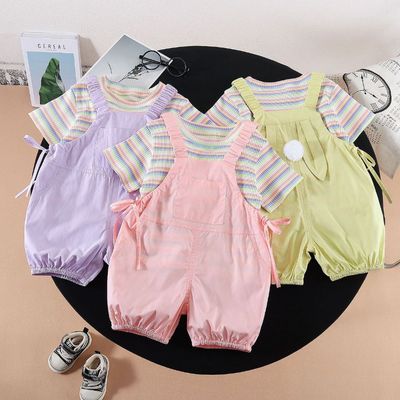 Set Áo Thun Tay Ngắn Sọc Yếm Quần Thỏ Thắt Nơ Cho Bé Gái 1-5 Tuổi MINTSCLOSET Quảng Châu - YE5230