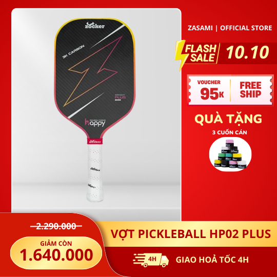 Vợt Pickleball Zocker Happy Super Quality Plus mặt 3K Carbon Fiber, Tặng 3 cuốn cán