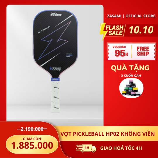 Vợt Pickleball Zocker HP02 Plus Không Viền, mặt 3K carbon,TẶNG 3 cuốn cán
