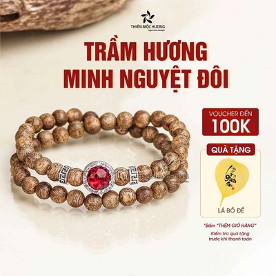 Vòng tay trầm hương Minh Nguyệt đôi - Thiên Mộc Hương - Trầm Tốc Việt Nam đeo tay phong thủy may mắn